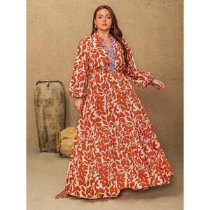 Rustty Dusty Printed Notched Long Sleeve Maxi‎ Dress Size 1XL